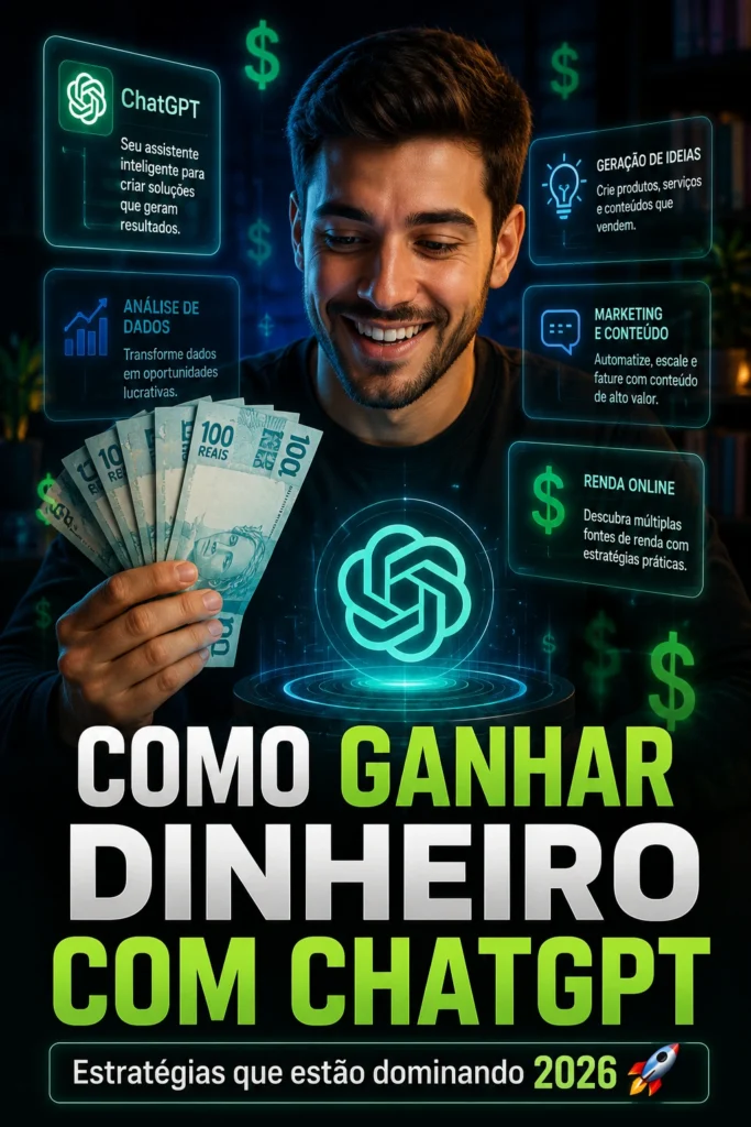 uma pessoas com varias notas de dinheiro nas mãos e sorridente olhado para um holograma do icone do chat gpt  e a frase: como ganhar dinheiro com o chat GPT