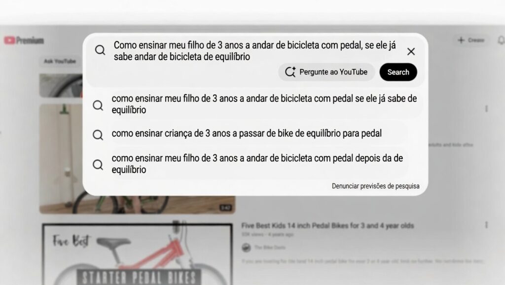 imagem representando como seria uma pesquisa feita usando o recurso ask for YouTube com uma pergunta e as sugestões da inteligência artificial do youtube