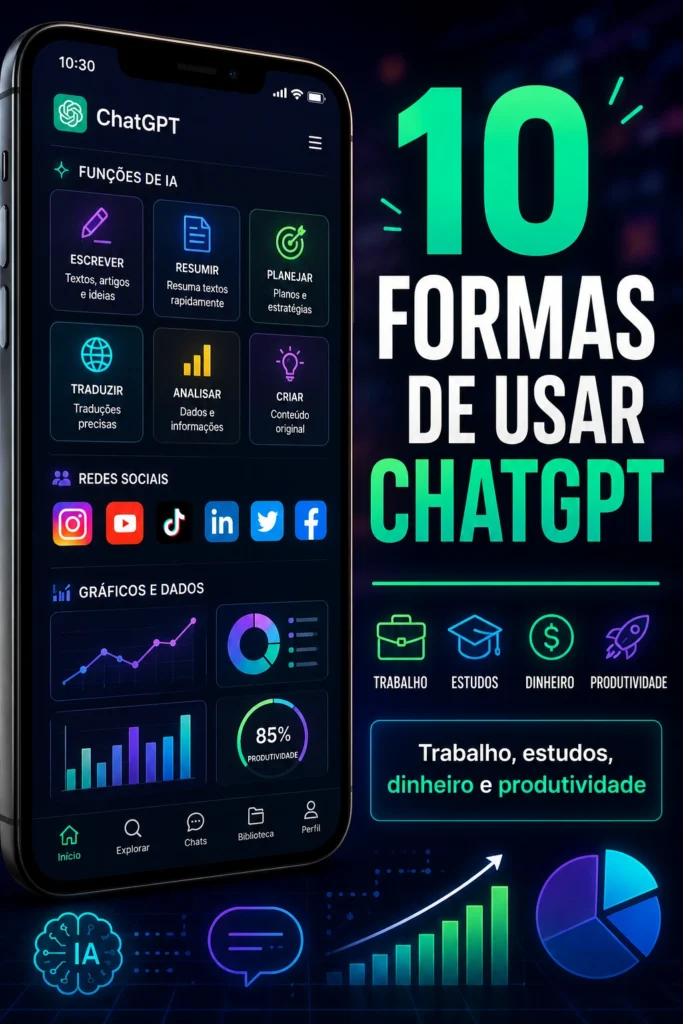 imagem de um celular com verios recursos de IA e a frase: 10 formas de usar o chat GPT