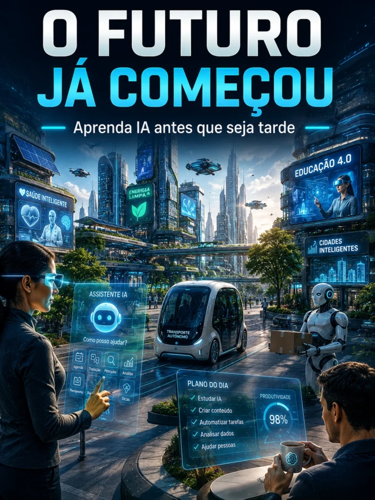 imagem representativa de um futuro alternativo onde IA e o ser humano vivem em harmonia, pessoas usando inteligência artificial em telas de hologramas e a frase: O FUTURO JÁ COMEÇOU - Aprenda IA antes que seja tarde.