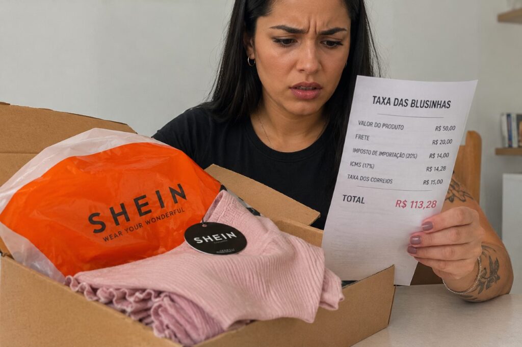 MULHER OLHANDO RECIBO DE COMPRAS ASSUSTADA COM TAXA