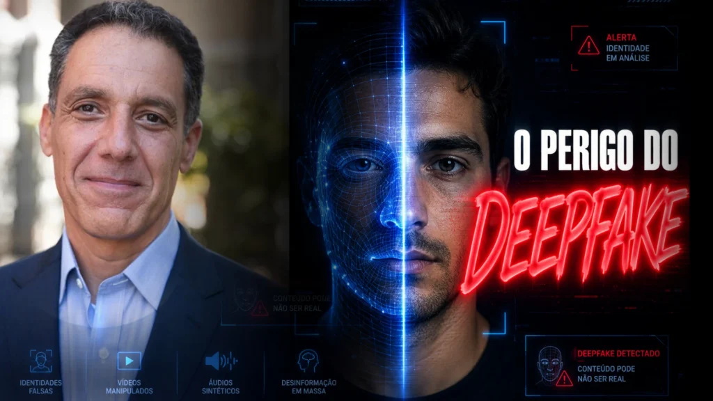  Hany Farid a esquerda e a direita um rosto sendo escaneado para biometria e o nome perigo do deepfake