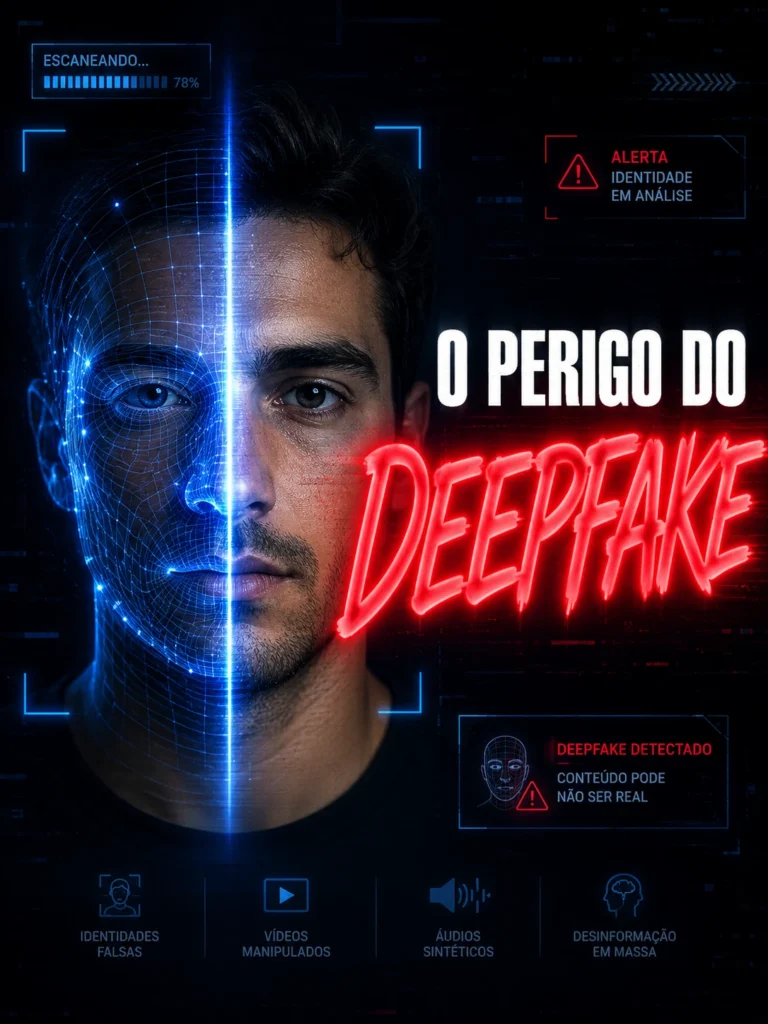 rosto de um homem sendo escaneado para biometria e ao lado o texto o perigo da deepfake