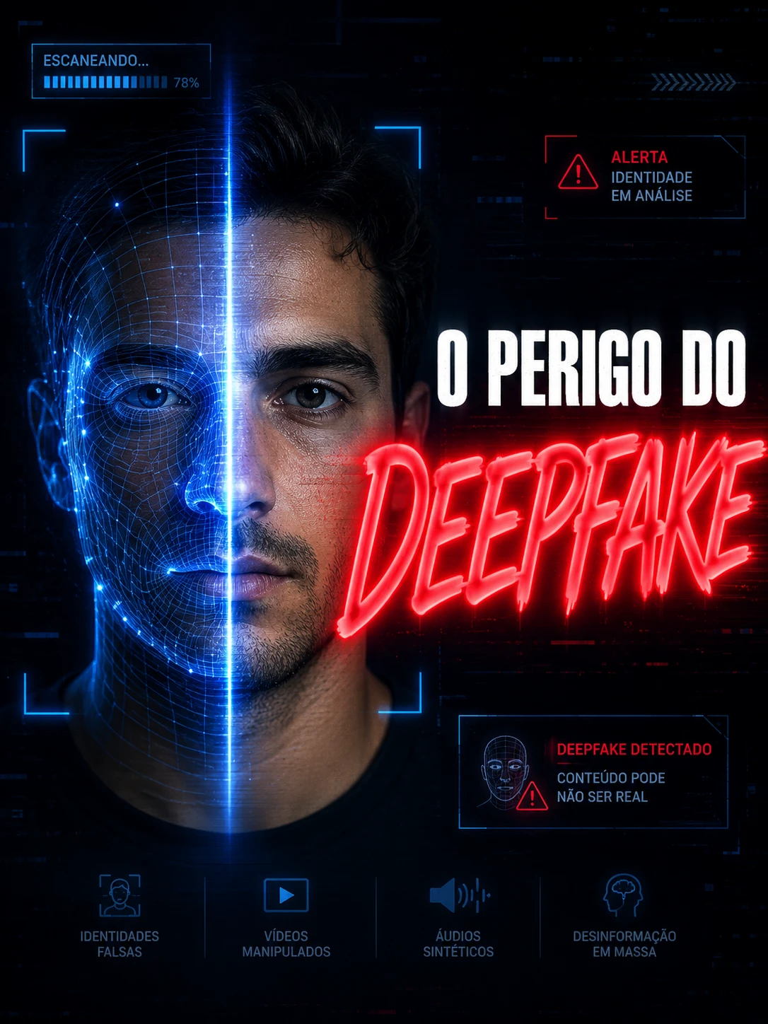 rosto de um homem sendo escaneado para biometria e ao lado o texto o perigo da deepfake