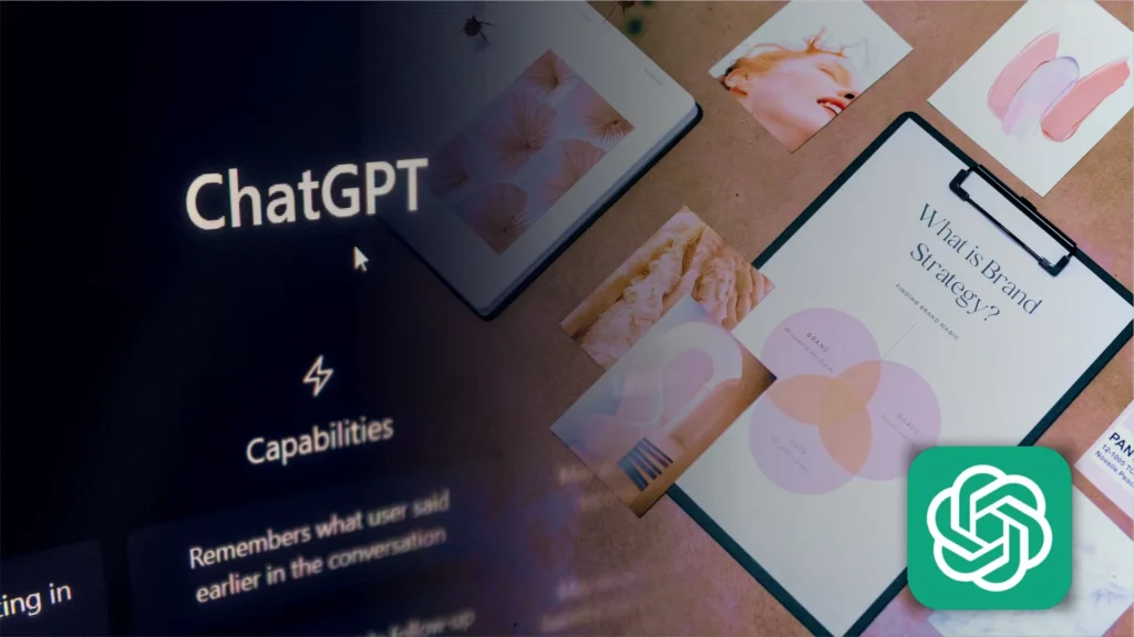 IMAGEM MOSTRANDO CHAT GPT ABERTO A ESQUERDA E A DIREITA DIVERSAS IDEIAS DE LOGOMARCAS E LOGO DO AI CHAT GPT