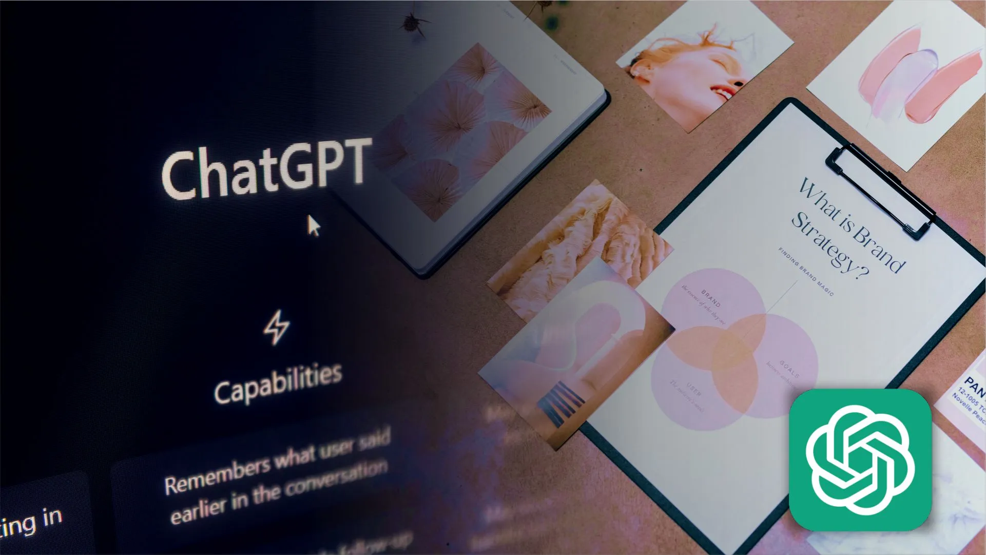IMAGEM MOSTRANDO CHAT GPT ABERTO A ESQUERDA E A DIREITA DIVERSAS IDEIAS DE LOGOMARCAS E LOGO DO AI CHAT GPT