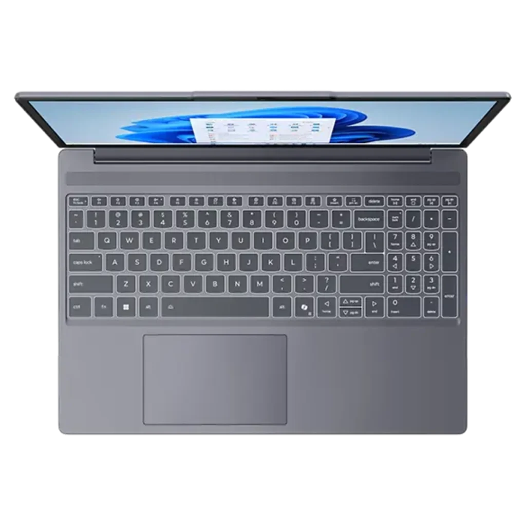 Foto  notebook IdeaPad Slim 3 aberto visto de cima com destaque no teclado