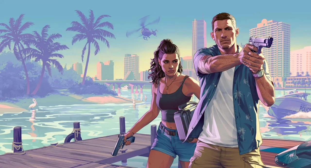 PERSONAGENS Lucia e Jason de gta 6 em cima de uma pequena ponte ou cas em frente a uma praia, provavelmente em VicI city
