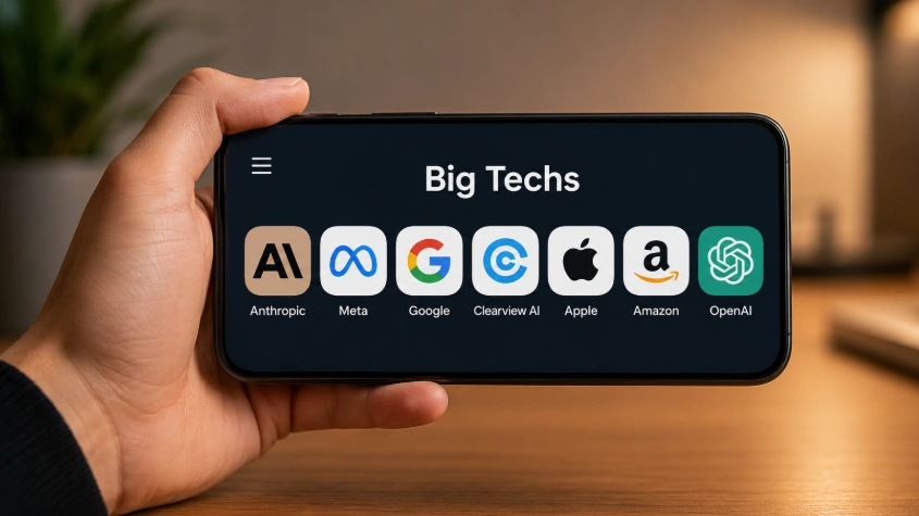 pessoa segurando um celular na orizontal e um menu com icones de big techs como meta open ai e anthropic