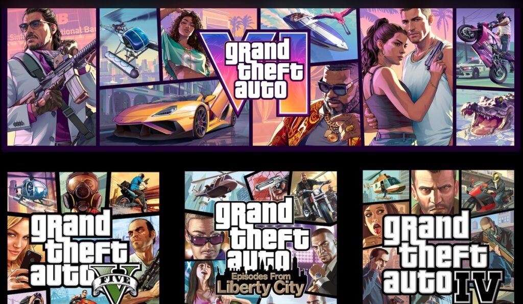 imagem da capas da franquia de jogos grand theft auto, gta, gta v, gta 5, gta 4, gta 6, gta vi