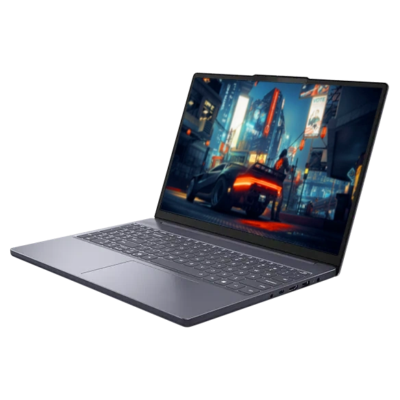 close do notebook deaPad Slim 3 com uma tela de jogo futurista