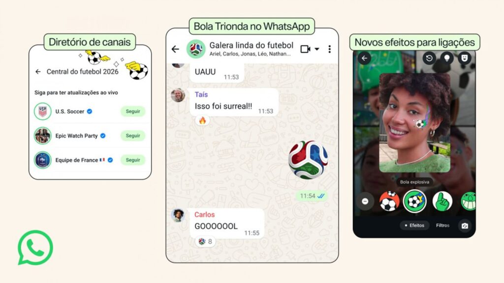 Durante a Copa de 2026, o WhatsApp trás efeitos especiais em videochamadas para deixar conversas mais temáticas e interativas.  com novos recursos- fonte da Imagem: Divulgação e Meta