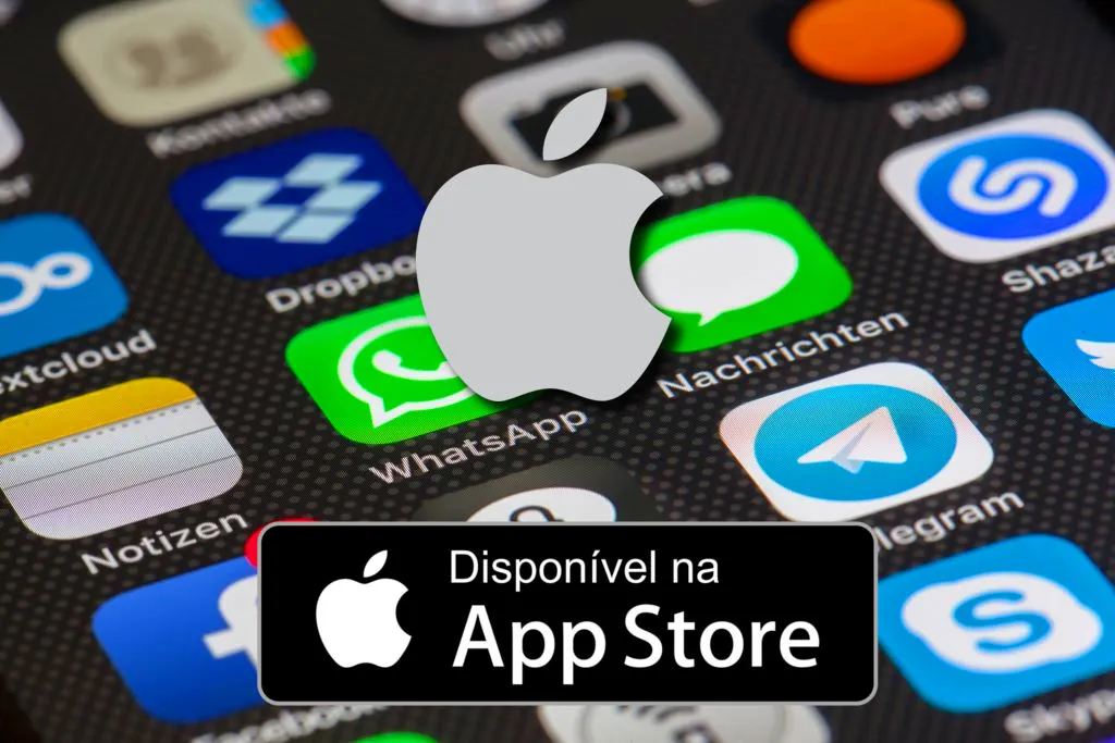 imagem de aplicativos Apple, com logo da Apple e um botão de disponível na app store