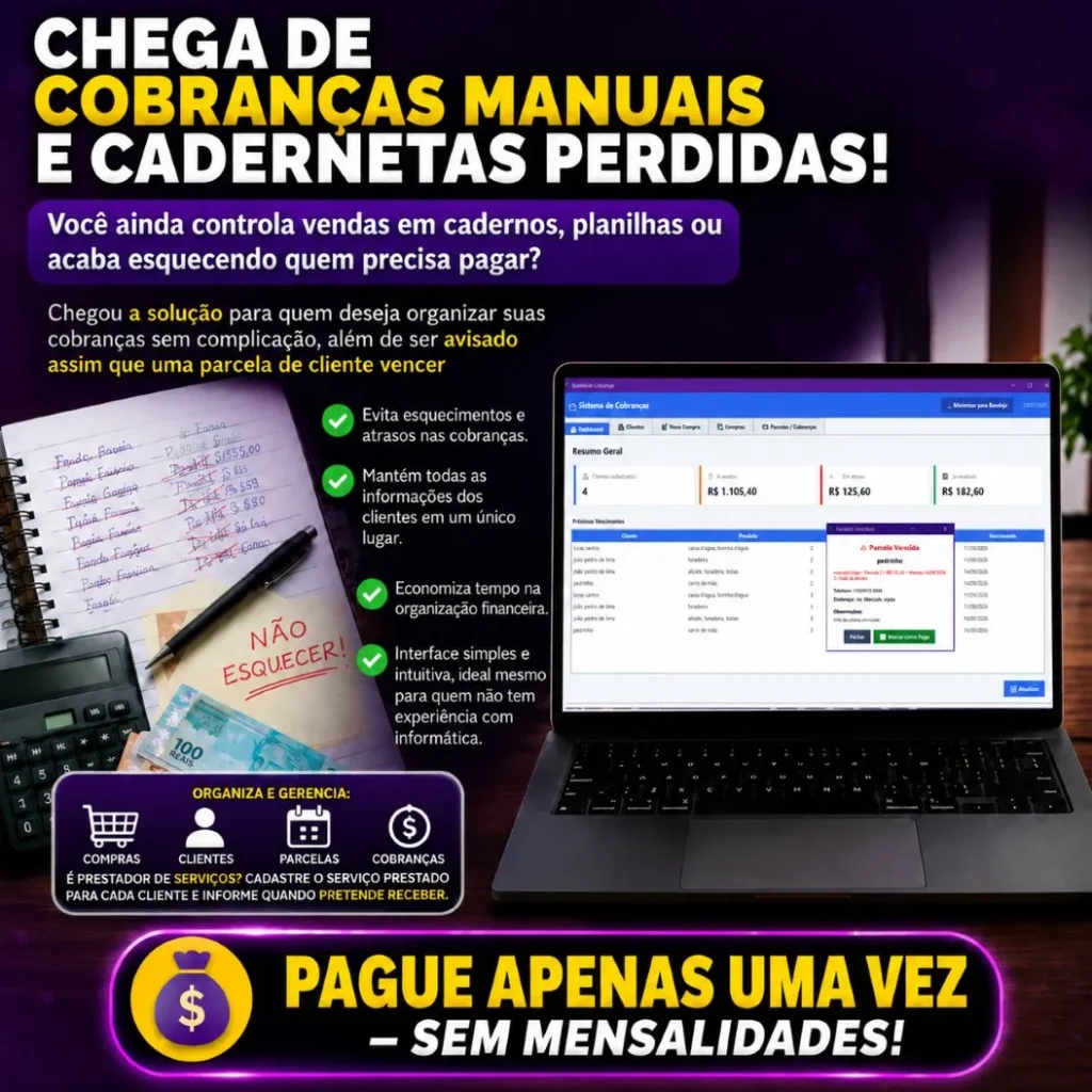 Sistema para organizar compras parcelas e  Cobranças Código Infinito 