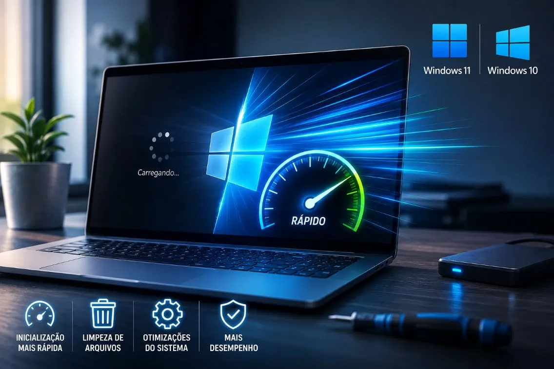 imagem com um notebook simbolizado que ele está otimizado e mais rápido e ícones do Windows 10 e Windows 11