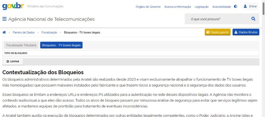 print do site de bloqueio de tv box anatel