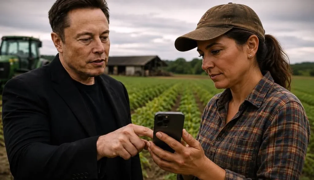 elon musk e mulher segurando celular, starlink no  celular, codigo infinito
