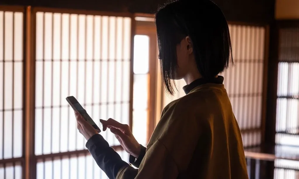 mulher com roupa amarela digitando em um smartphone