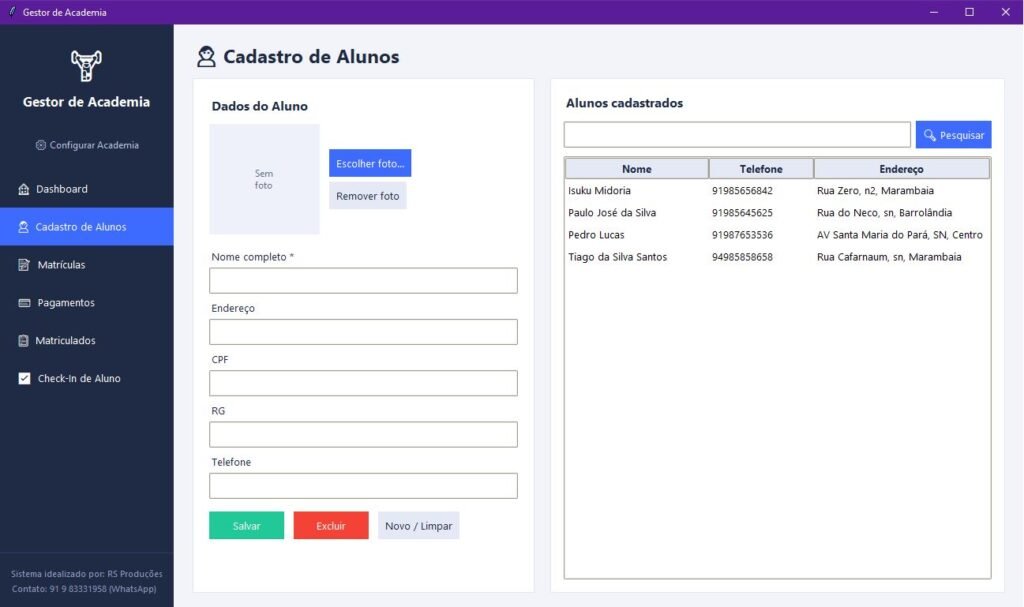 Tela de cadastro de alunos do Gestor de Academia / Imagem: Codigo Infinito