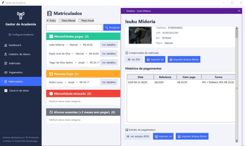 Tela de detalhes dos matriculados do Gestor de Academia / Imagem: Codigo Infinito