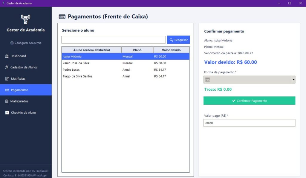 Tela de Frente de caixa e pagamentos do Gestor de Academia / Imagem: Codigo Infinito