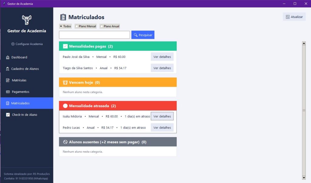 Tela de matriculados do Gestor de Academia / Imagem: Codigo Infinito